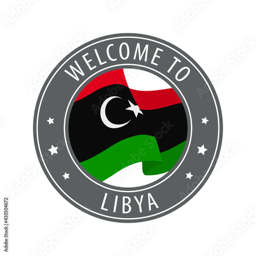 Welcome to Libya. Gray stamp with a waving country flag. Collection of welcome icons.