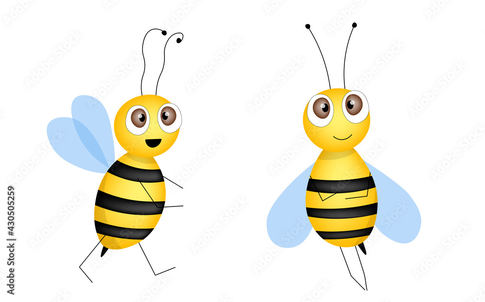 Set of cartoon bee mascot. A small bees flying. Wasp collection. Vector characters. Incest icon. Template design for invitation, cards. Doodle style