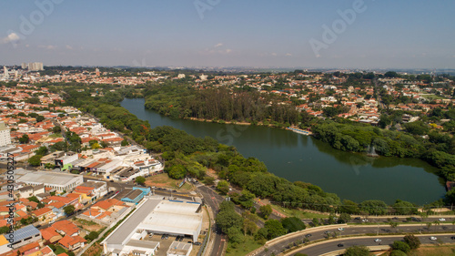 Aerial drone images from the Taquaral park in Campinas, São Paulo. With a view to Cambuí.