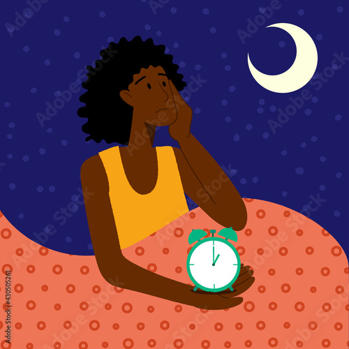 Insomnia. A black woman cannot sleep. Female character suffers from insomnia. Sleep disorder, sleeplessness concept.