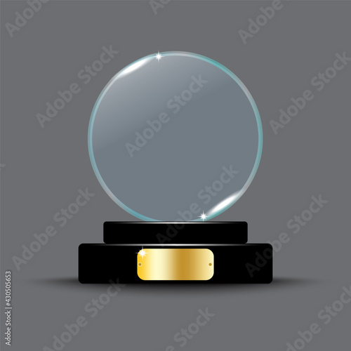 crystal on stand on transparent. Championship trophy. Sport award. Winner award. Vector illustration. Stock image.