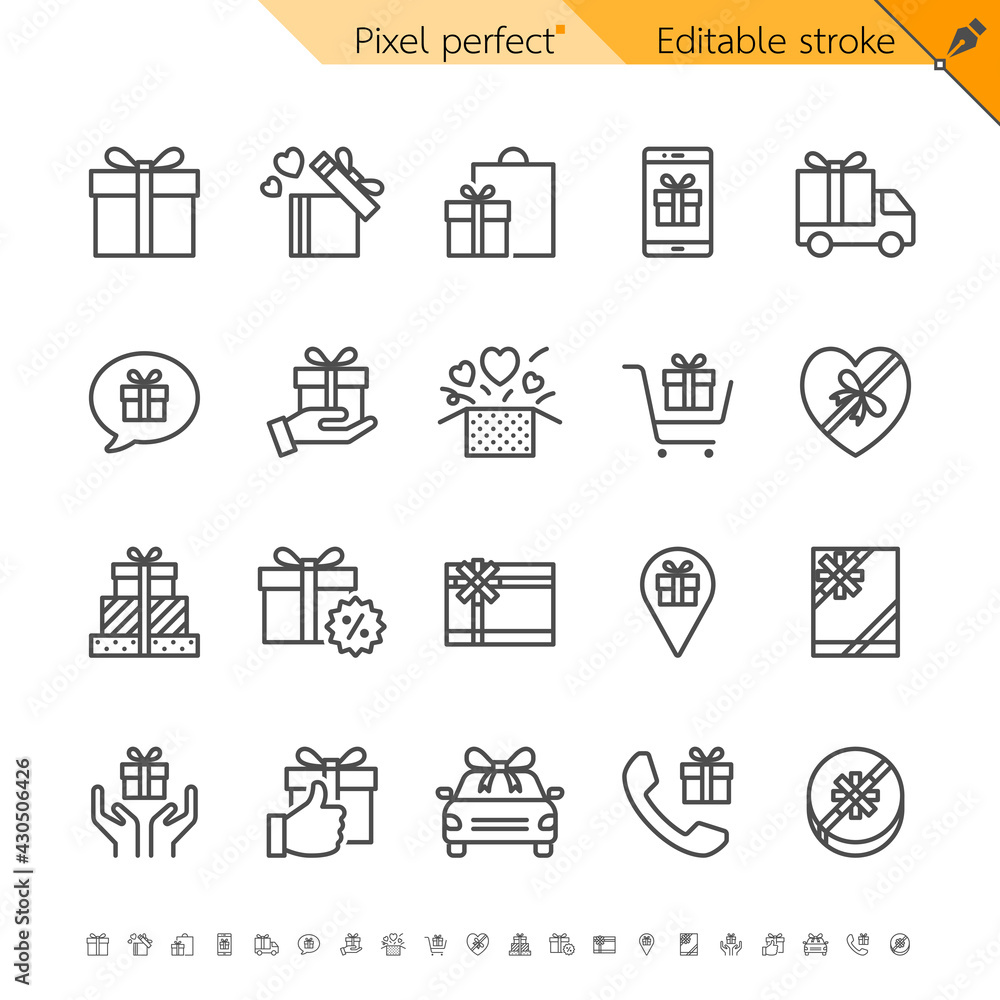Gift thin icons. Pixel perfect. Editable stroke.