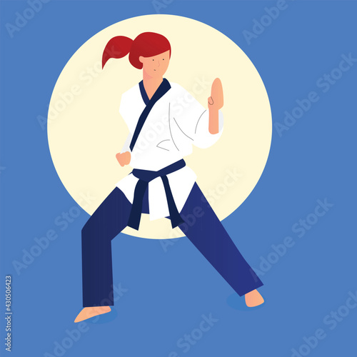 The karate or taekwondo pose girl with black belt vector illustration