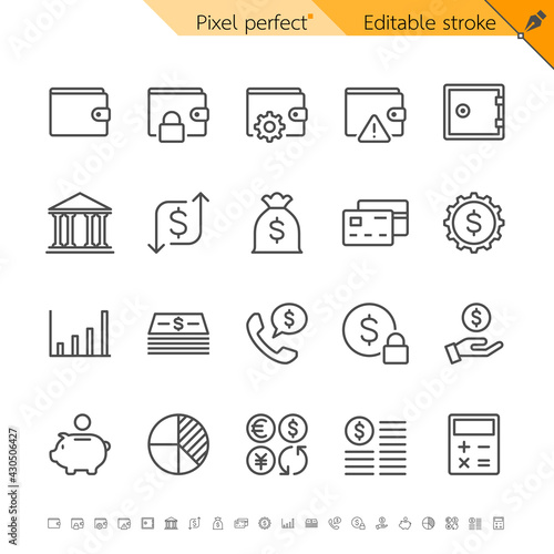 Finance and wallet thin line icon set for banking and money management. Pixel perfect. Editable stroke.