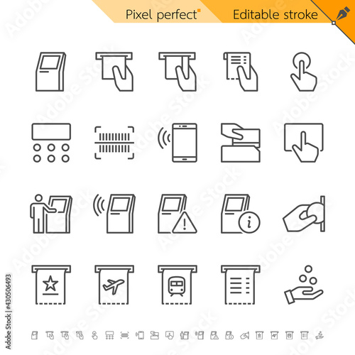 Self service kiosk and atm thin line icon set for payment and ticketing. Pixel perfect. Editable stroke.