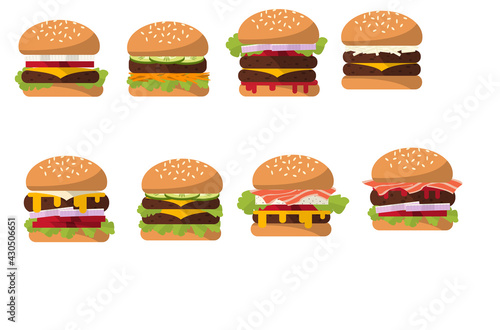 a set of different burgers