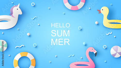 Summer pool with swim ring equipment, beach ball floating on water surface and Hello Summer text. Swimming pool in summer. Hello Summer poster. paper cut and craft style. vector, illustration.