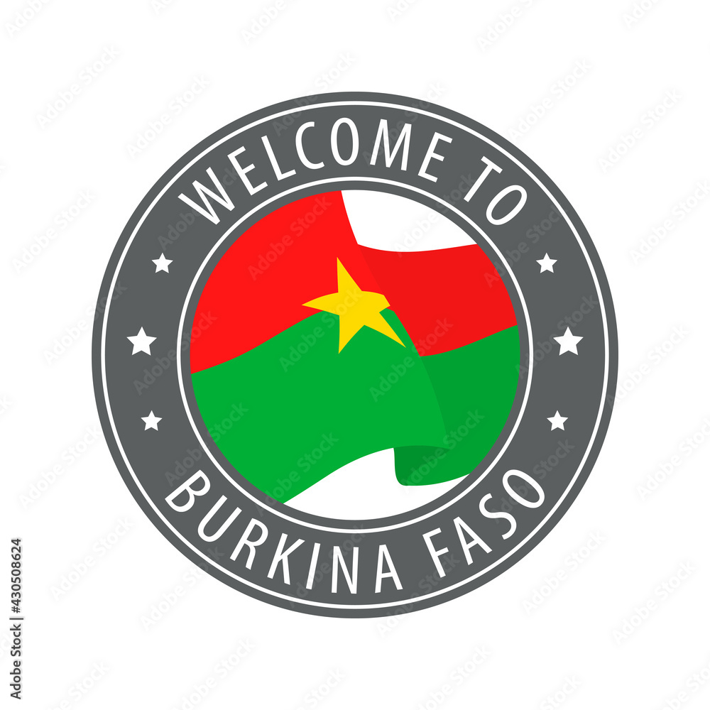 Welcome to Burkina Faso. Gray stamp with a waving country flag. Welcome to Burkina Faso. Gray stamp with a waving country flag.