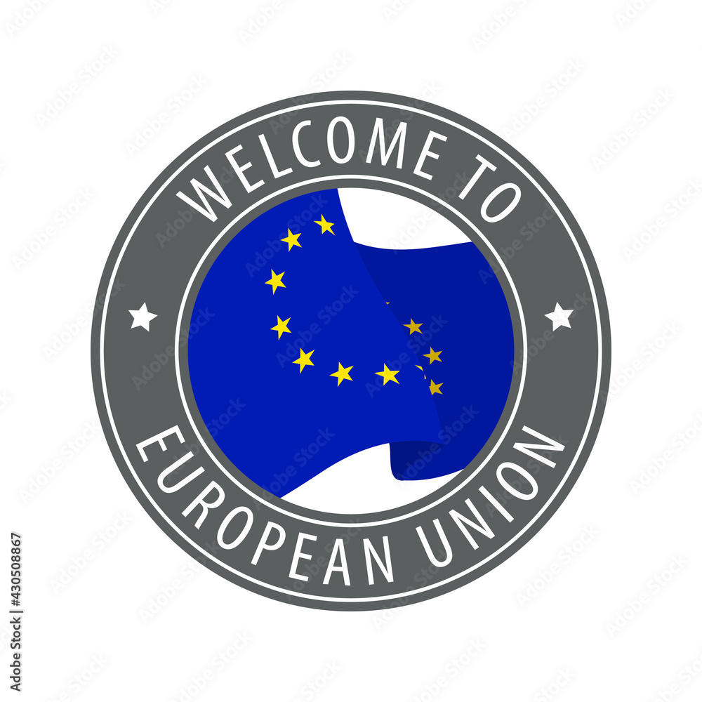 Welcome to European Union. Gray stamp with a waving country flag. Welcome to European Union. Gray stamp with a waving country flag.