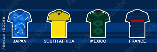 Men's football jersey 2021. Japan, South Africa, Mexico, and France.  Icon football jersey vector illustration.