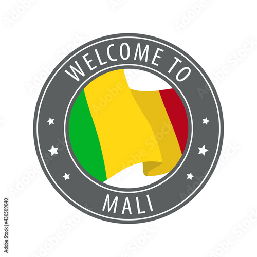 Welcome to Mali. Gray stamp with a waving country flag. photo