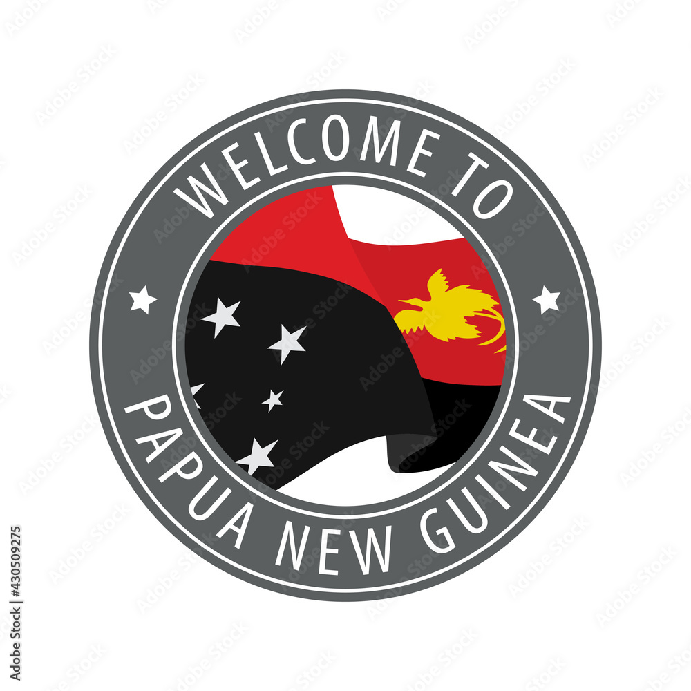 Welcome to Papua New Guinea. Gray stamp with a waving country flag. Welcome to Papua New Guinea. Gray stamp with a waving country flag.