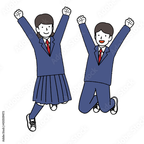 Male and female students in blazer uniforms to jump