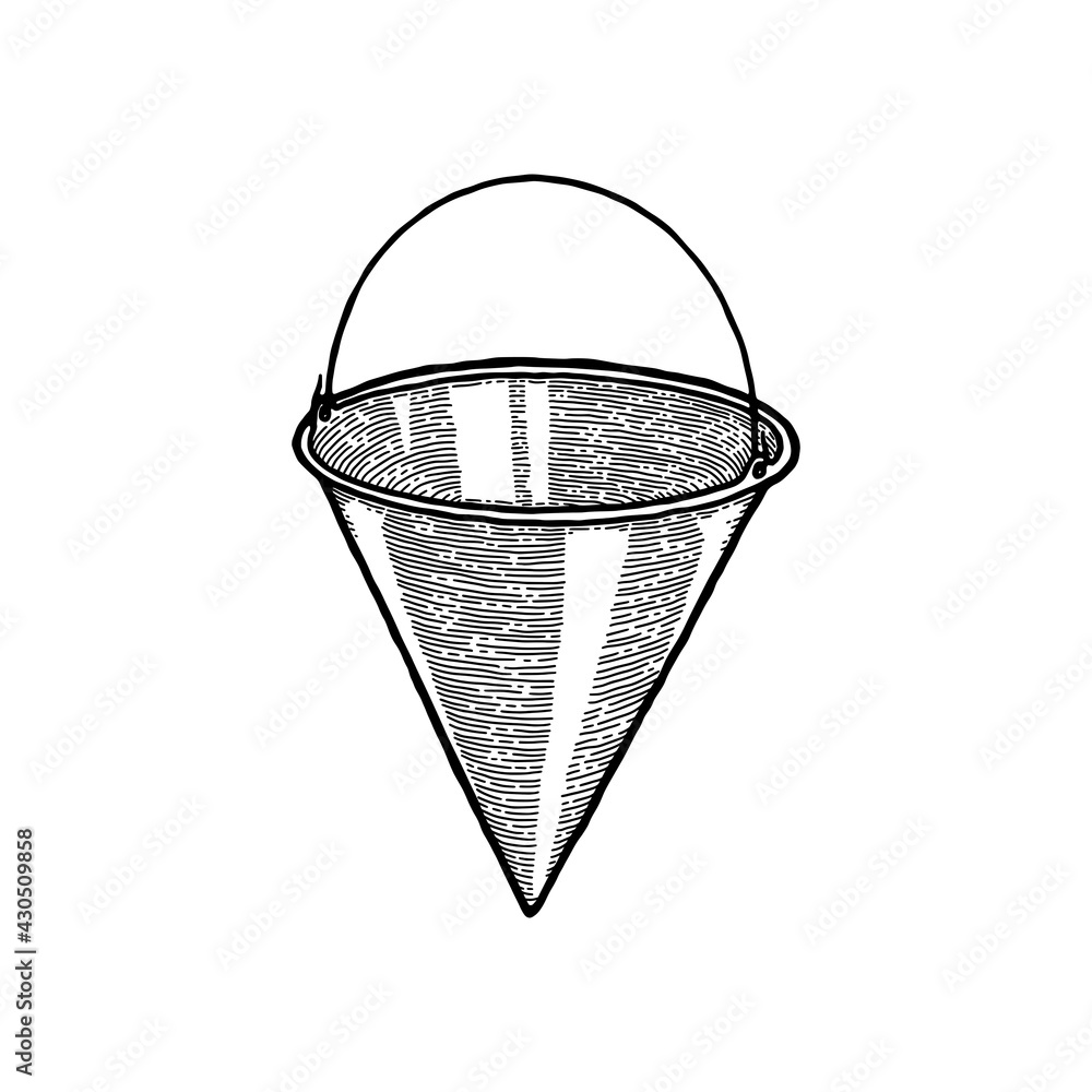 Monochrome Triangle Cone fire bucket for fire fighting isolated on white background. Firefighting equipment using for prevent, extinguish, combat flame. Isolated Contour Symbol Monochrome Triangle Cone fire bucket for fire fighting isolated on white background. Firefighting equipment using for prevent, extinguish, combat flame. Isolated Contour Symbol