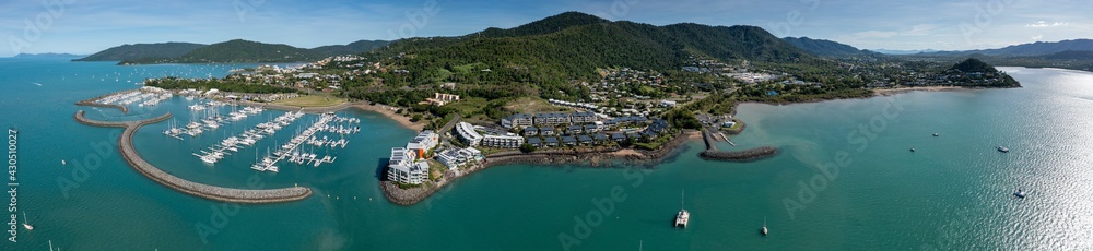 Aerial panoramic view of the marina at beautiful Airlie Beach in Queensland Australia