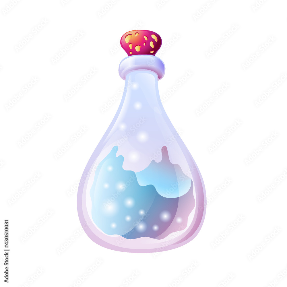 Magic Vector Cartoon Potion Glass Flask Bottle. Vial with Colorful Liquid in Jar for Game Design GUI Concept. alchemy or chemistry magnificent elixir in phial. Isolated. Mana, health, poison Magic Vector Cartoon Potion Glass Flask Bottle. Vial with Colorful Liquid in Jar for Game Design GUI Concept. alchemy or chemistry magnificent elixir in phial. Isolated. Mana, health, poison