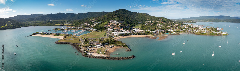 Aerial panoramic morning view of beautiful Airlie Beach in Queensland Australia
