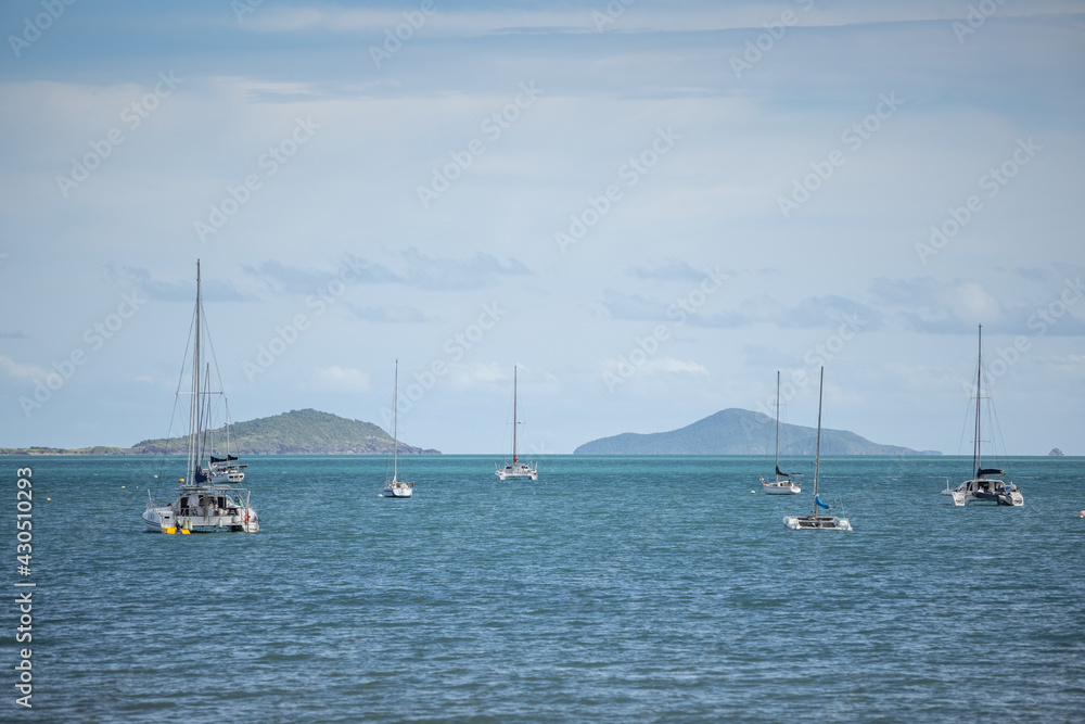 View of the yachts moored at Airlie Beach in Queensland Australia