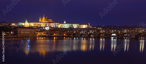 Photography Prague skyline panorama at night with Charles Bridge, Hradcany Castle and Saint Vitus Cathedral, Czech Republic