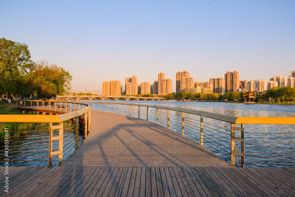 Waterfront city skyline willow branches and park trestle scenery in spring