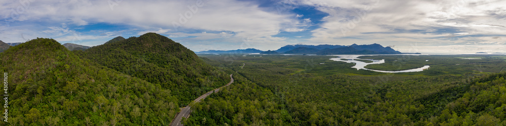 Panoramic aerial view of the Bruce Highway and Hinchinbrook Island in .Far North Queensland, Australia Panoramic aerial view of the Bruce Highway and Hinchinbrook Island in .Far North Queensland, Australia