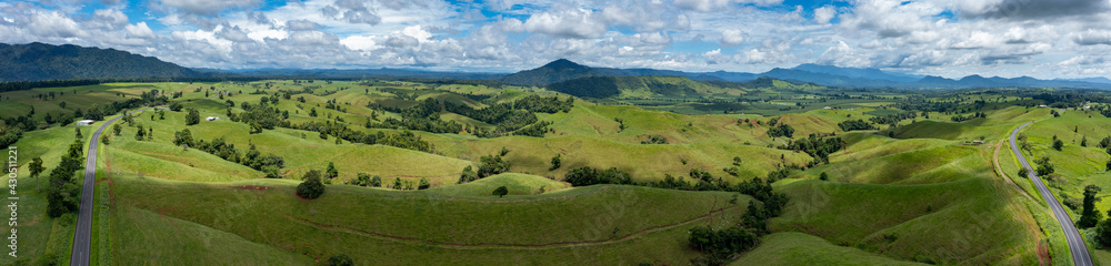 Aerial panoramic view of the Atherton Tablelands in Queensland from the Palmerstone Highway, East Palmerstone