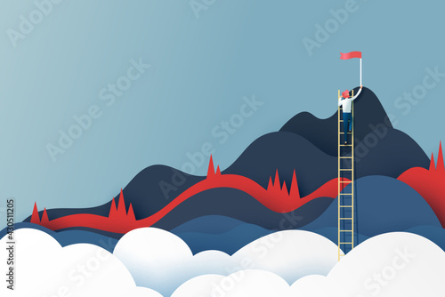 Business man on ladder reaching the red flag on the top of mountains.Success goal and Business concept.