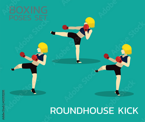 Roundhouse Kick Manga Boxing Poses Set Woman Cartoon Vector Illustration