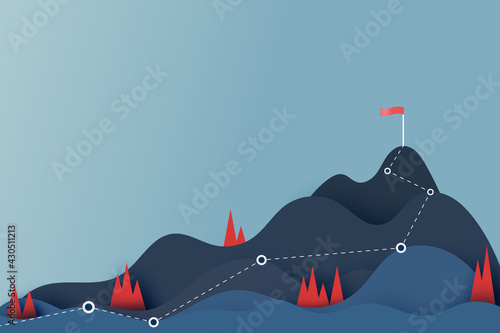 Route to the red flag on the top of mountain.Mountain peak overcoming.Goal achievement and Business success concept.