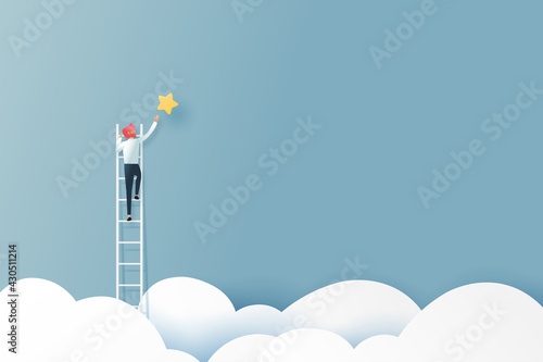 Businessman on a ladder reaching the star above cloud.Business concept.Paper art vector illustration.