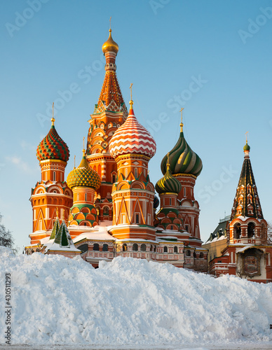 Colorful Cathedral of Intercession of Most Holy Theotokos on Moat or Saint Basils Cathedral on Red Square of Moscow in winter, Russia