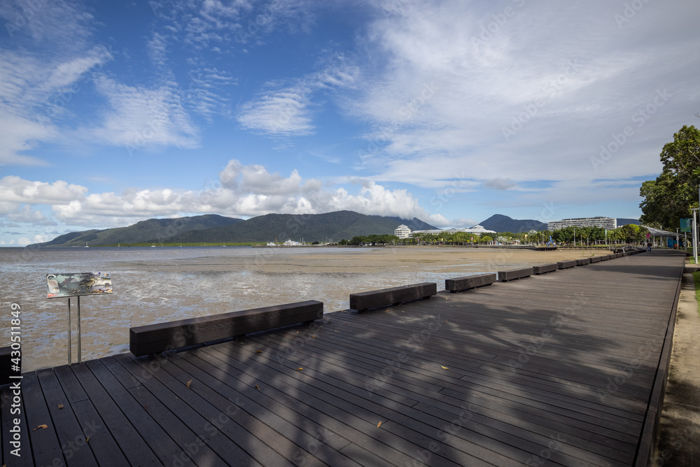 The Esplanade overlooking the ocean near the Cairns Lagoon swimming pool in Tropical North Queensland