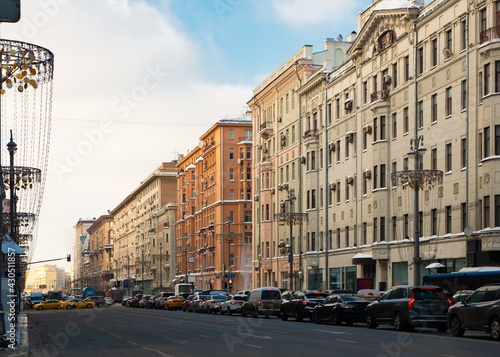 View of Tverskaya Street, main radial street in Moscow with busy rush hour traffic on winter day, Russia.