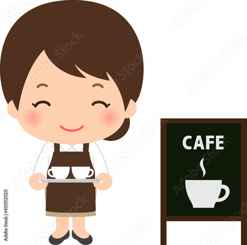 トレイを持ったカフェ店員の若い女性