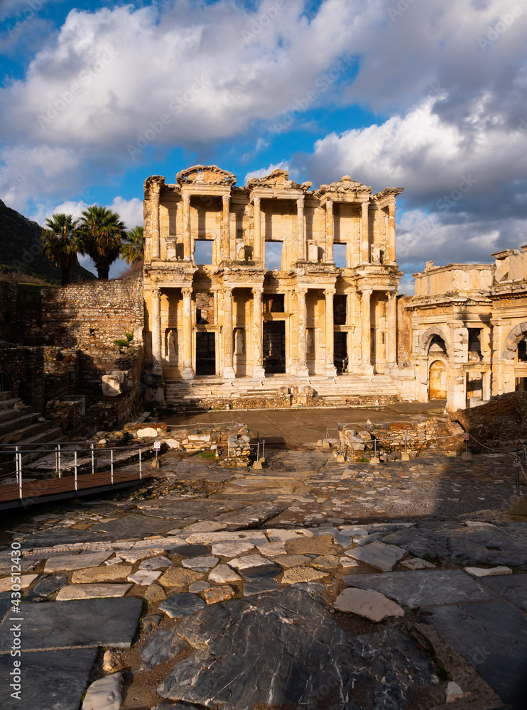 Notable ruins of antique city of Ephesus overlooking main facade of Library of Celsus. Turkish historical and cultural monument