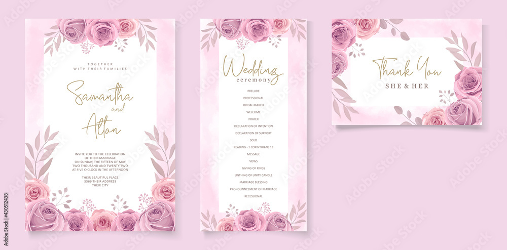 Set of beautiful wedding invitation template with hand drawn roses flower ornament