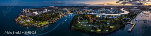Aerial panoramic dusk view of Gladstone town and port in Queensland Australia