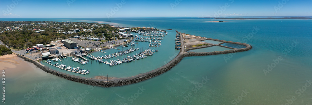 Aerial panoramic views of Hervey Bay marina in Hervey Bay, Queensland, Australia