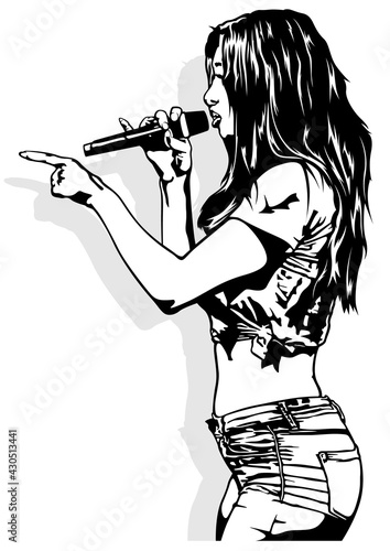 Young Woman in Casual Clothes Singing with Microphone on White Background - Black and White Illustration, Vector
