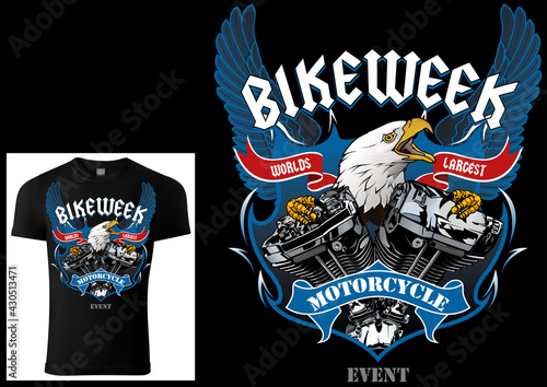 T-shirt Design for Bikers with Eagle and Engine with Decorative Wings and Banners and Texts - Colored Illustration Isolated on White Background, Vector