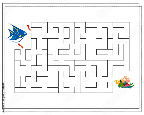 a maze game for kids. help the fish swim to the coral. cartoon fish of blue color with yellow stripes. vector isolated on a white background