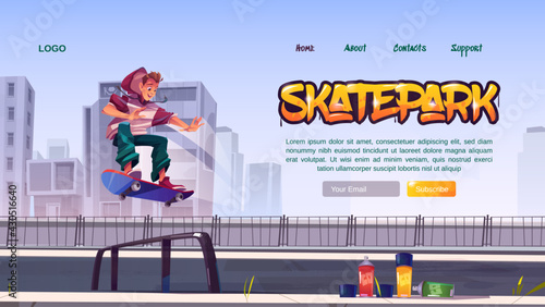 Skate park website with boy riding on skateboard on rollerdrome. Vector landing page with cartoon cityscape, teenager jump on track, aerosols for graffiti. Playground for extreme sport activity
