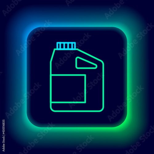 Glowing neon line Canister for motor machine oil icon isolated on black background. Oil gallon. Oil change service and repair. Engine oil sign. Colorful outline concept. Vector