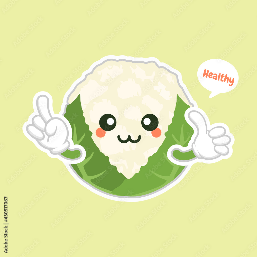 Obraz premium cute and kawaii cauliflower. Funny and healthy food. Vitamins contained in cauliflower. Food with cute face. Vector cartoon. healthy food, vegetables vector icon , vegetarian vegan concept