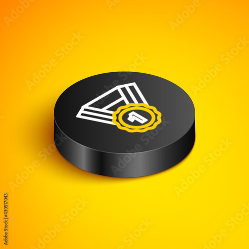 Isometric line Dog award symbol icon isolated on yellow background. Medal with dog footprint as pets exhibition winner concept. Black circle button. Vector