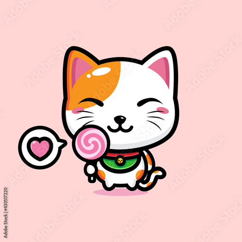 cartoon cute lucky cat vector design holding a lollipop