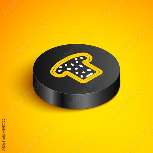 Isometric line Bread toast for sandwich piece of roasted crouton icon isolated on yellow background. Lunch, dinner, breakfast snack. Black circle button. Vector