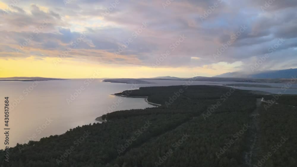Romantic sunset over Adriatic, panoramic aerial shot in Vrsi Mulo, Zadar region. Romantic sunset over Adriatic, panoramic aerial shot in Vrsi Mulo, Zadar region.
