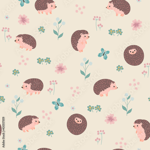 Seamless pattern with cute hedgehogs and flowers. Vector graphics.