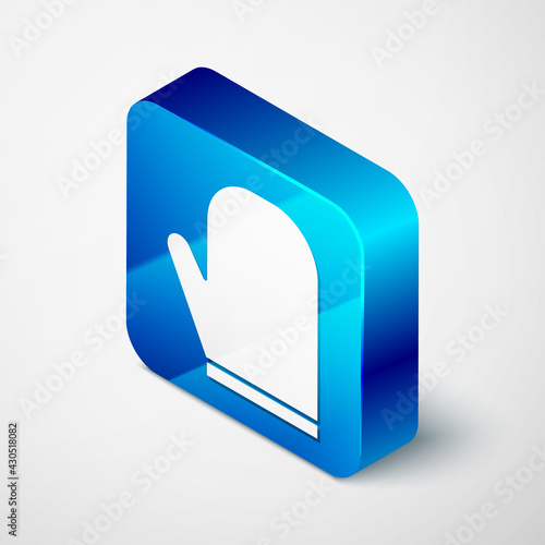 Isometric Oven glove icon isolated on grey background. Kitchen potholder sign. Cooking glove. Blue square button. Vector Illustration